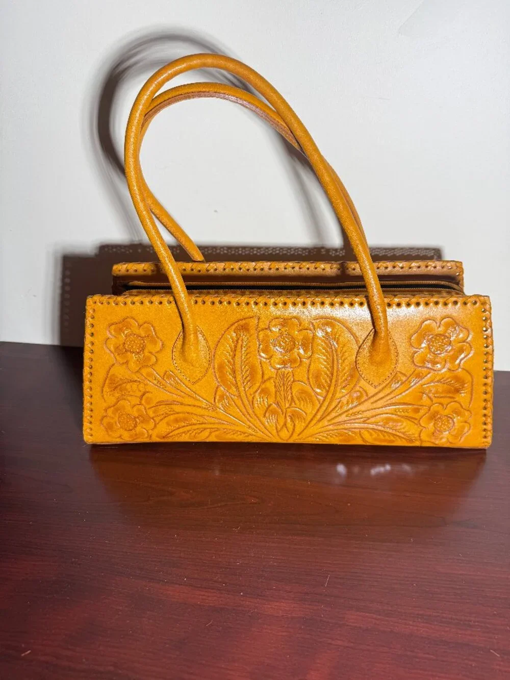Alexis David Yellow Tooled Embossed Leather Handbag Purse Large Whipstitch NEW